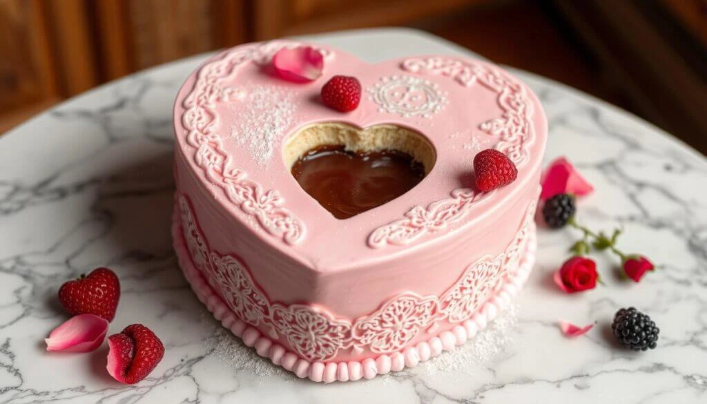 Heart-shaped pink cake with intricate icing designs, a chocolate-filled center, and decorated with fresh raspberries and rose petals.