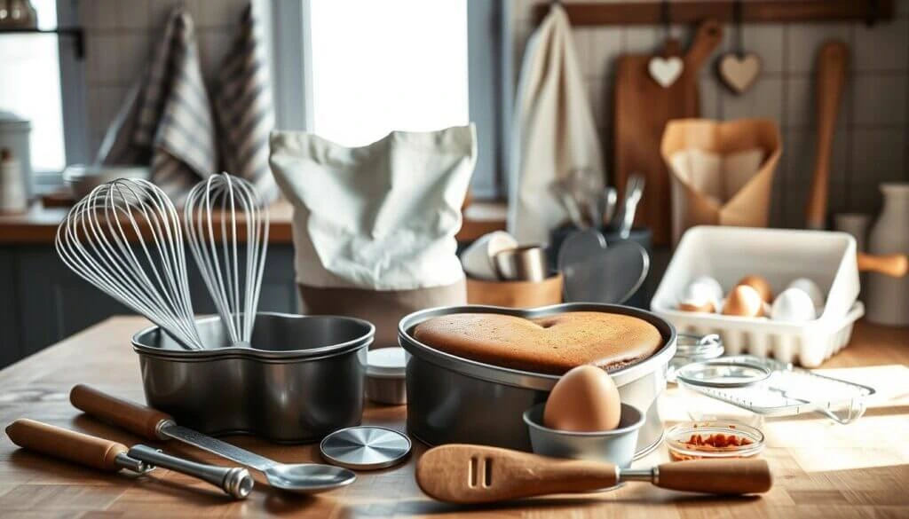 A cozy kitchen scene with baking tools and ingredients, including a heart-shaped cake in a pan, whisks, eggs, and measuring spoons.