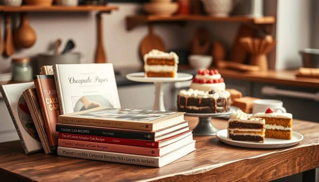 A cozy kitchen scene featuring a stack of cake recipe books and various cakes on display.