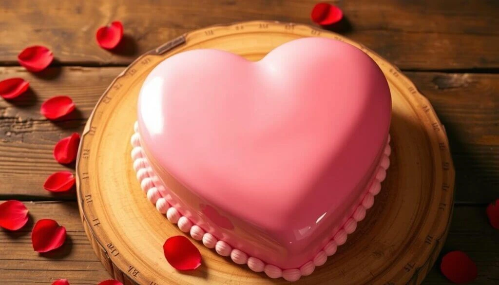 Heart-shaped pink cake on a wooden platter surrounded by red rose petals.