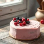 A heart-shaped cake with pink frosting, topped with fresh raspberries and blackberries, placed on a wooden table near a window.