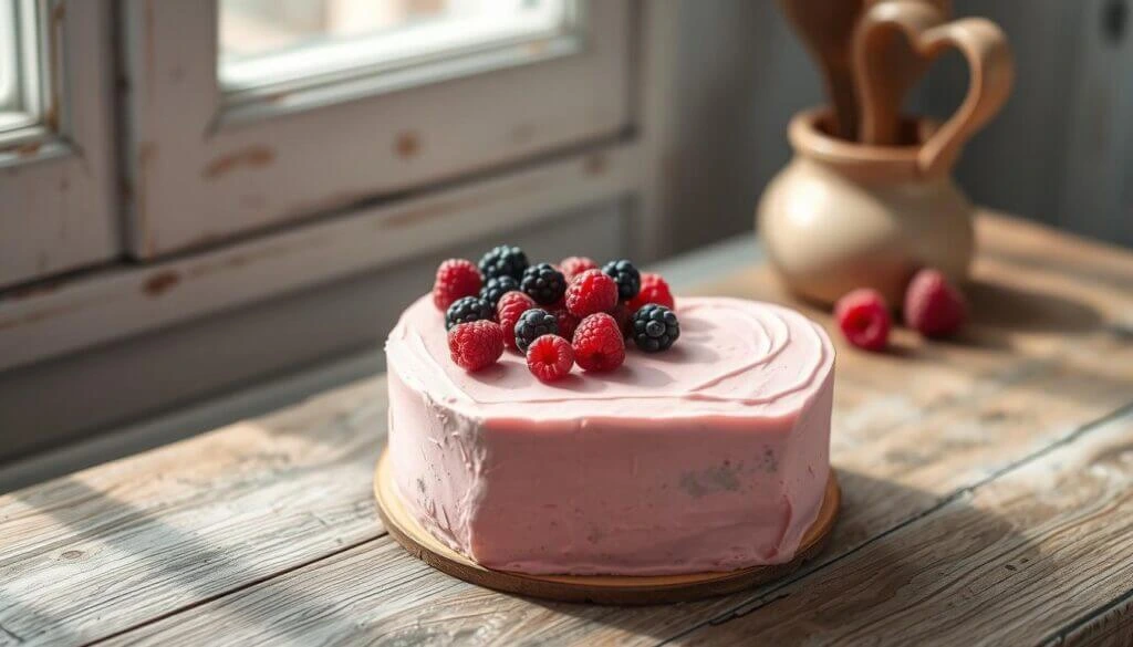 A heart-shaped cake with pink frosting, topped with fresh raspberries and blackberries, placed on a wooden table near a window.