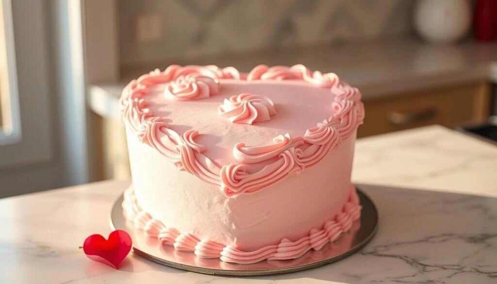 Heart-shaped pink cake with decorative frosting on a marble countertop.