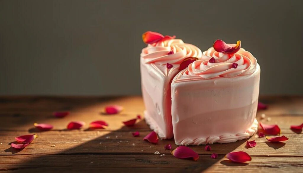 Heart-shaped cake with pink frosting and rose petals.