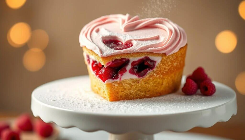 A heart-shaped cake with pink frosting and a berry filling, displayed on a white cake stand with a few raspberries beside it.