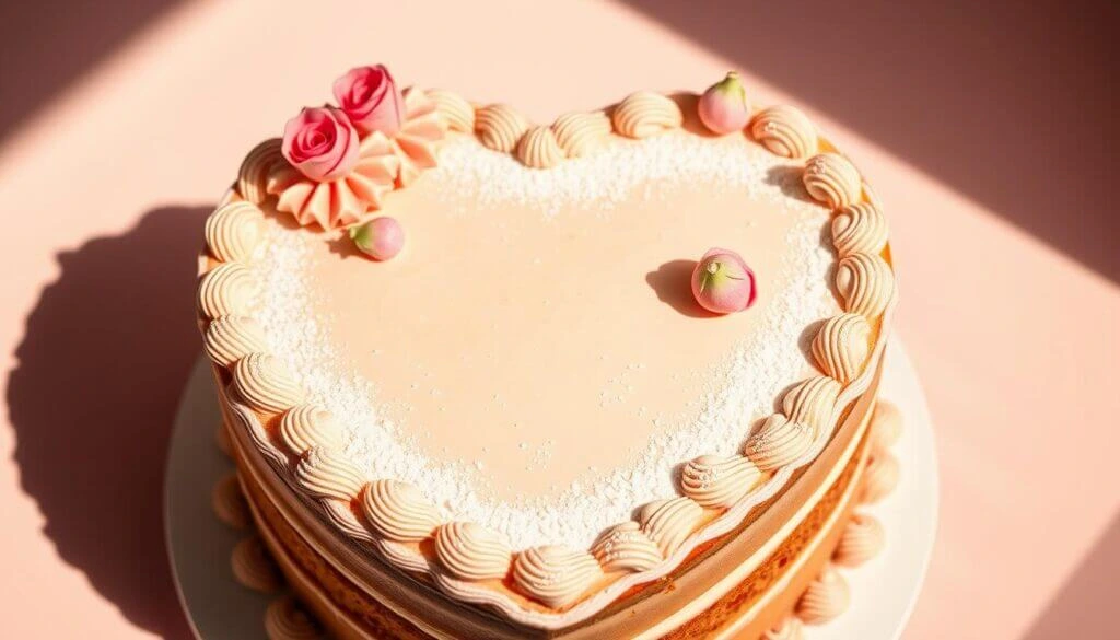 Heart-shaped cake with pink frosting and decorative roses