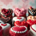 A collection of intricately decorated heart-shaped cakes in various colors and designs.