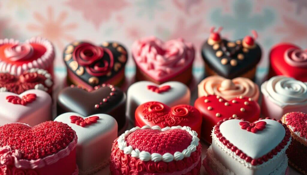 A collection of intricately decorated heart-shaped cakes in various colors and designs.