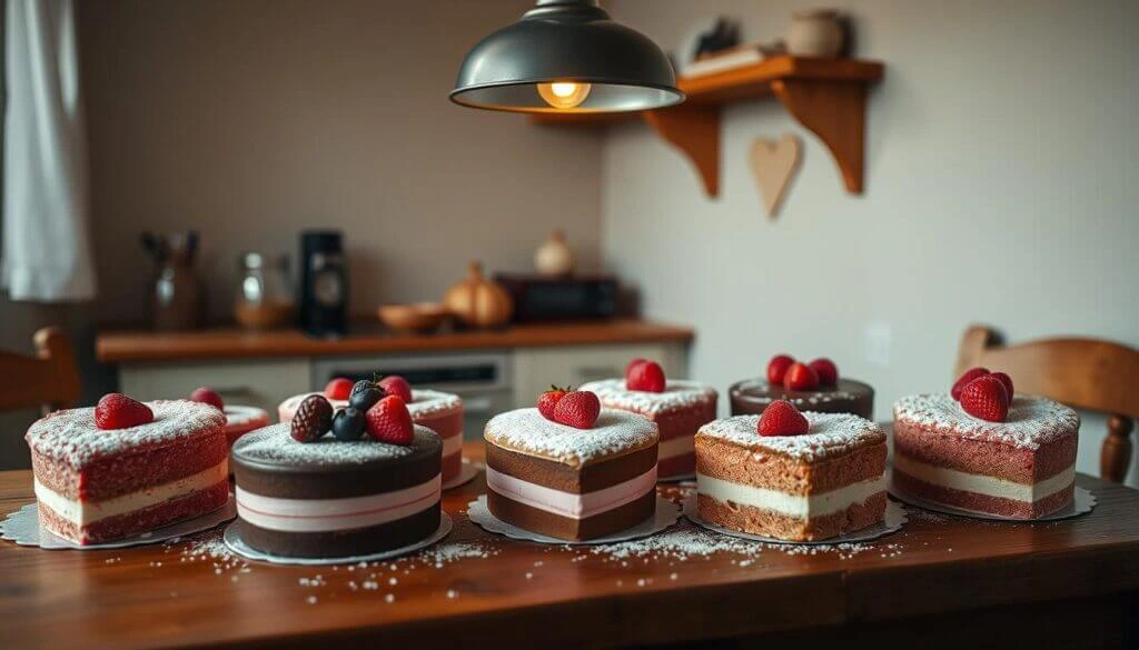 A variety of heart-shaped and round cakes with different flavors and toppings are displayed on a wooden table in a cozy kitchen setting.