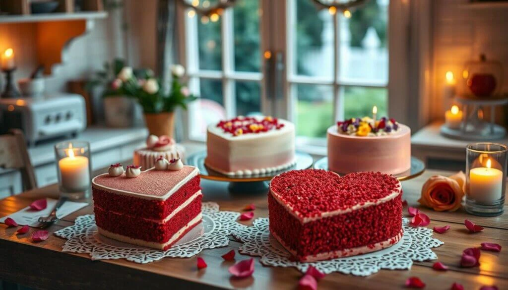 A cozy kitchen setting with a variety of beautifully decorated cakes on a wooden table, surrounded by candles and rose petals.