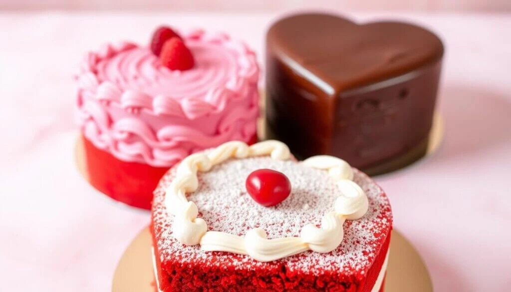 Three heart-shaped cakes with different decorations: one with pink frosting and a strawberry, one with chocolate frosting, and one with white frosting and a cherry.