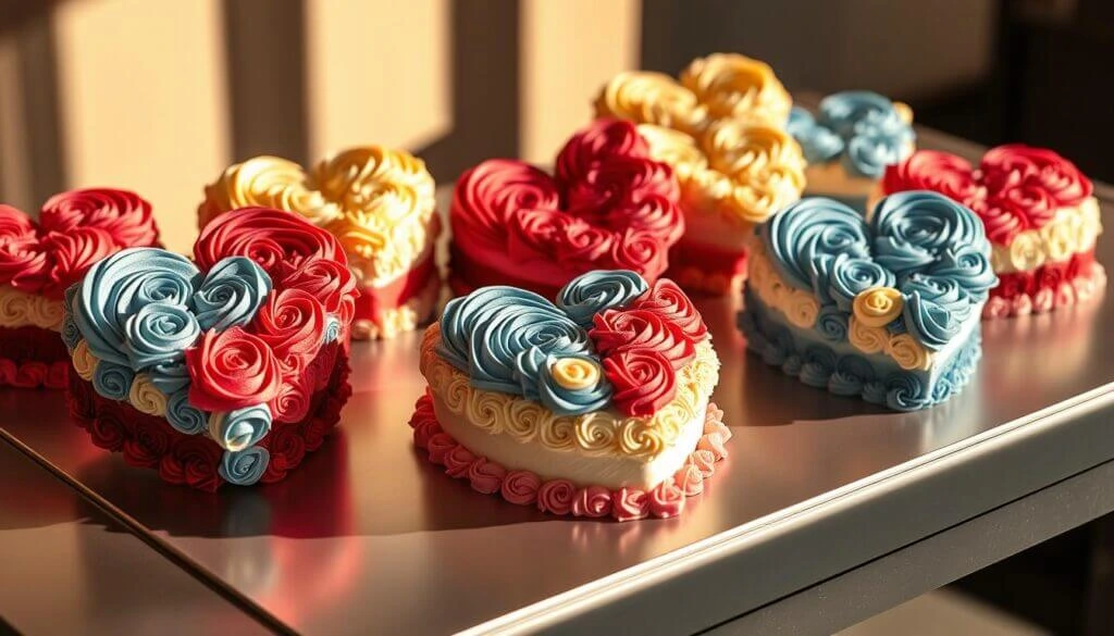 Heart-shaped cakes with colorful frosting decorations.