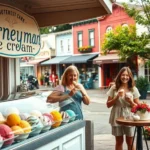 Two people enjoying ice cream outside Journeyman Ice Cream shop on a charming street with colorful buildings.