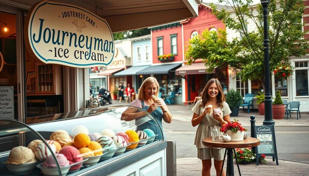 Two people enjoying ice cream outside Journeyman Ice Cream shop on a charming street with colorful buildings.