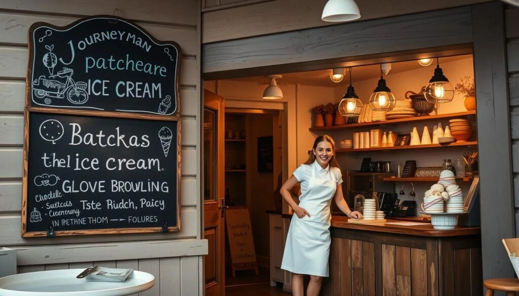 A woman in a white apron stands behind the counter of an ice cream shop. The shop has a rustic design with wooden shelves and hanging lights. A large chalkboard sign outside the shop displays various ice cream flavors and other items.