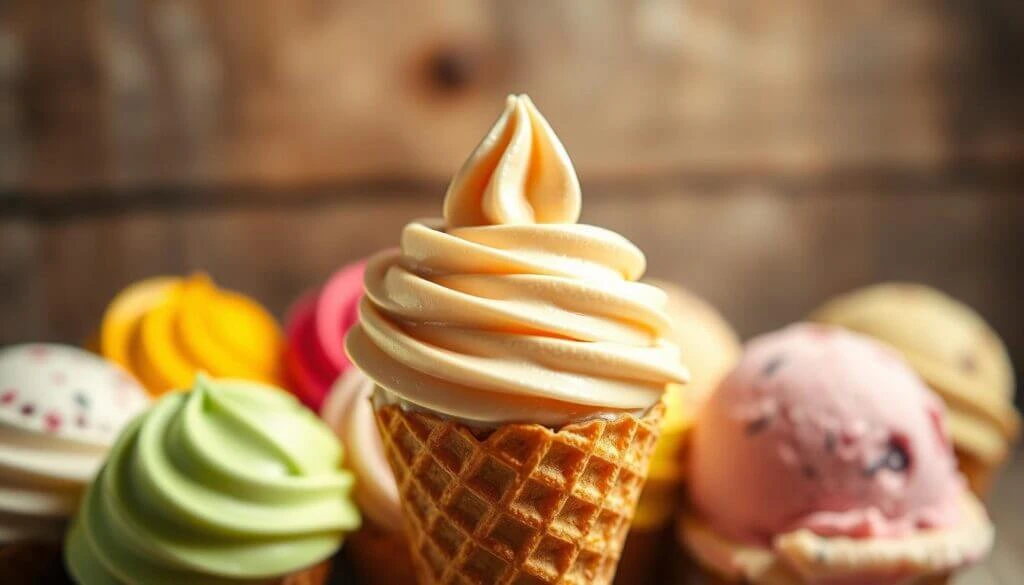 A close-up of a vanilla soft serve ice cream cone surrounded by various colorful scoops of ice cream.