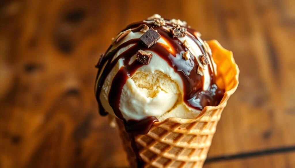 A close-up of a vanilla ice cream scoop in a waffle cone, topped with chocolate syrup and small pieces of chocolate.