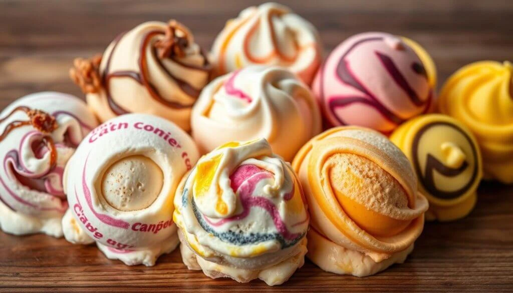 A variety of colorful, swirled ice cream scoops arranged on a wooden surface.