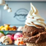 A close-up of a waffle cone with a swirl of vanilla soft serve ice cream on top of a scoop of chocolate ice cream, with a background of various colorful ice cream flavors in a display case.