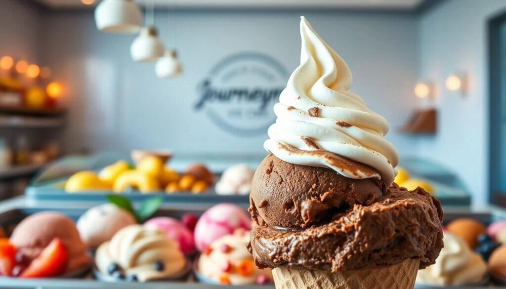 A close-up of a waffle cone with a swirl of vanilla soft serve ice cream on top of a scoop of chocolate ice cream, with a background of various colorful ice cream flavors in a display case.