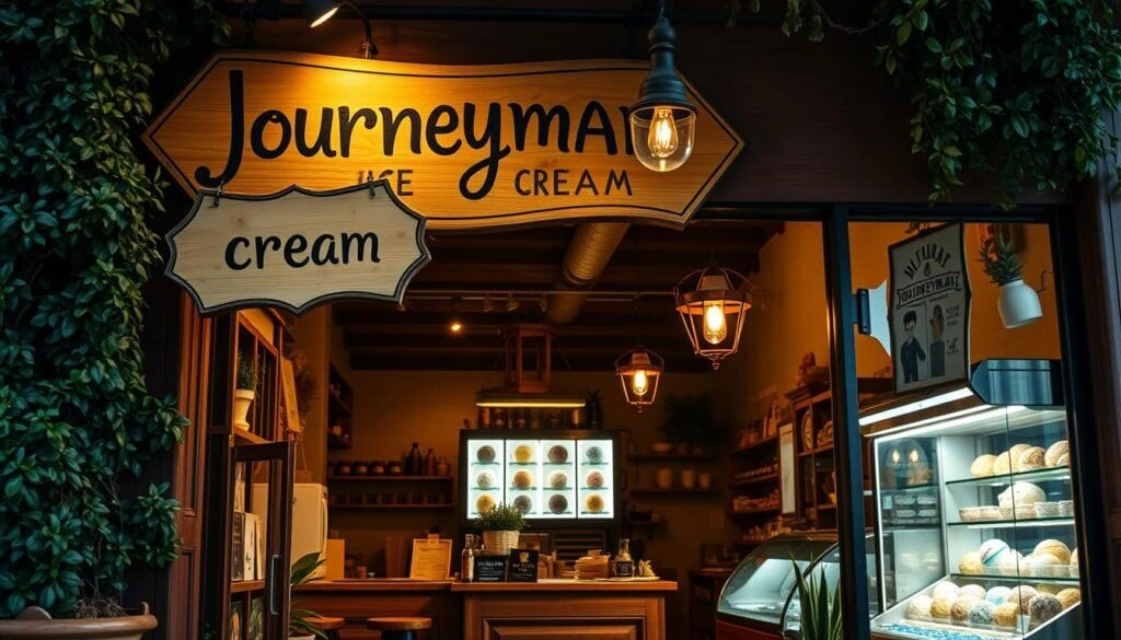 A cozy ice cream shop named "Journeyman Ice Cream" with a warm, inviting interior. The shop has a wooden sign with the name and a smaller sign below it that says "cream." Inside, there are shelves with various items, a display case with ice cream, and hanging lights that create a welcoming atmosphere.