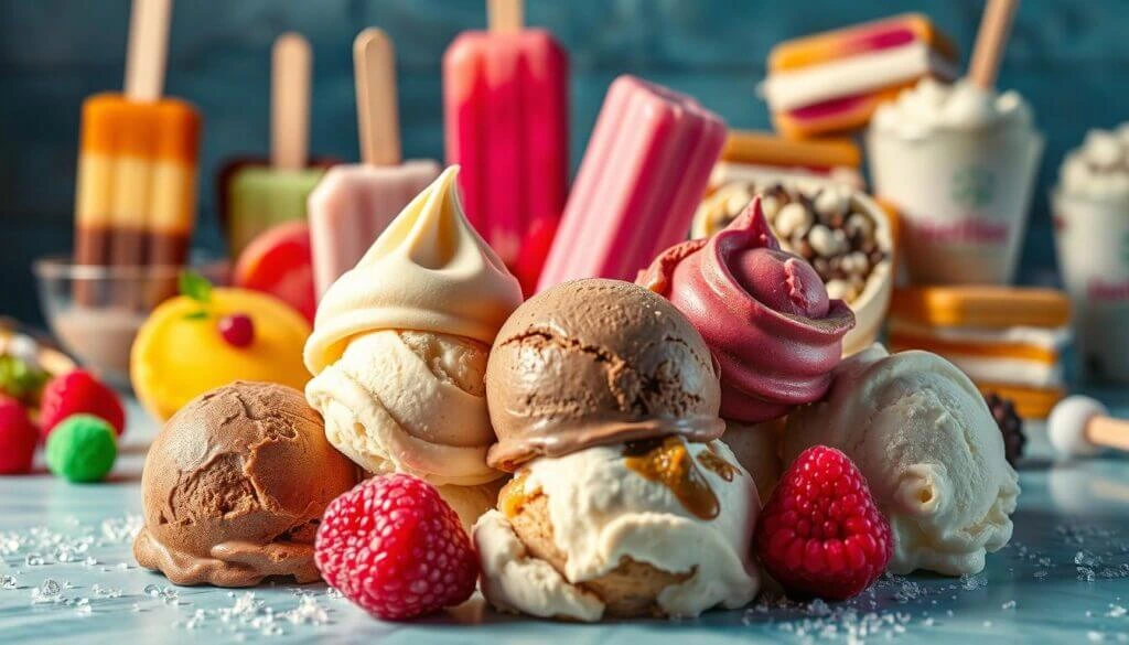 A colorful assortment of ice cream and frozen treats, including scoops of various flavors, popsicles, and soft serve, surrounded by fresh raspberries and other sweets.