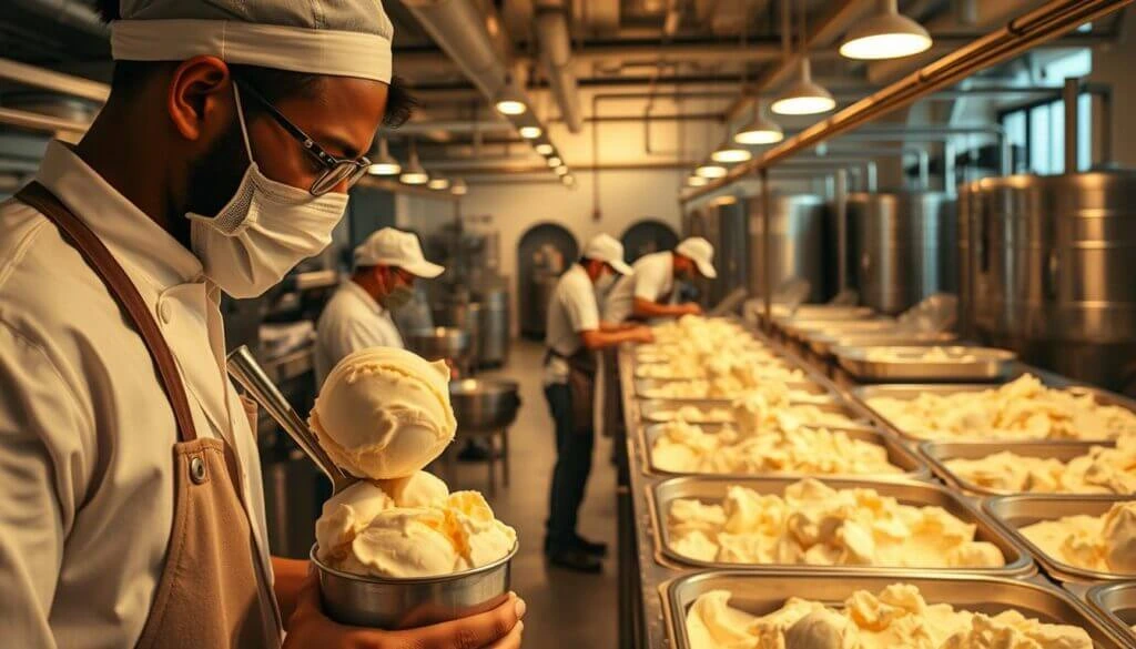 Workers in a large ice cream production facility, one holding a container with scoops of ice cream.