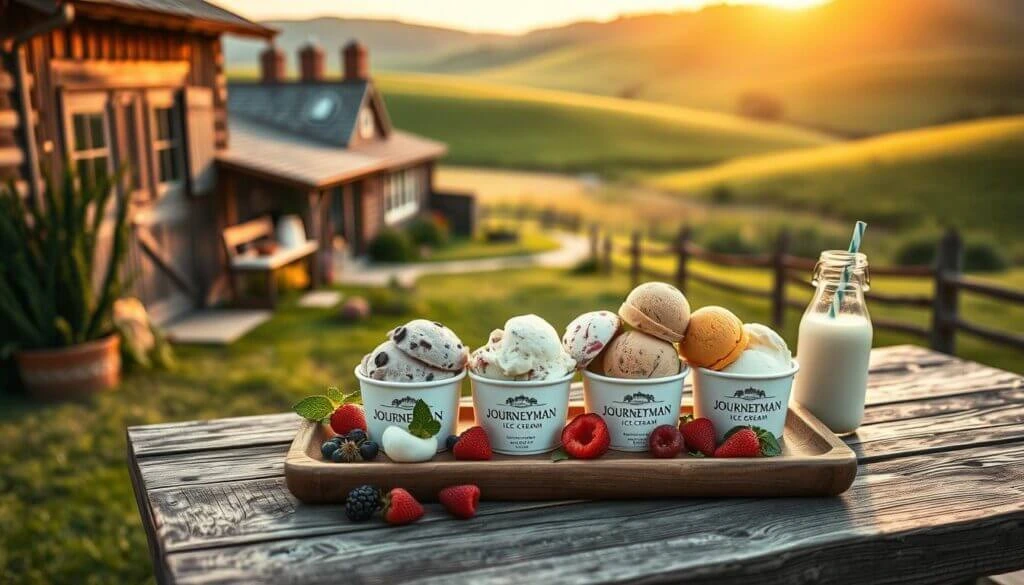 A wooden tray on a rustic table holds four cups of Journeyman Ice Cream, each topped with different flavors of ice cream scoops. Fresh berries and mint leaves are scattered around the cups. A glass bottle of milk with a straw is placed next to the tray. In the background, a cozy wooden cabin and rolling green hills are bathed in the warm glow of the setting sun.