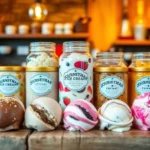 A variety of Journeyman ice cream products displayed on a wooden table in a cozy, warmly lit setting.