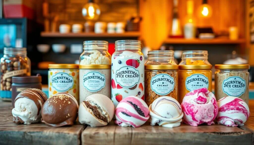 A variety of Journeyman ice cream products displayed on a wooden table in a cozy, warmly lit setting.