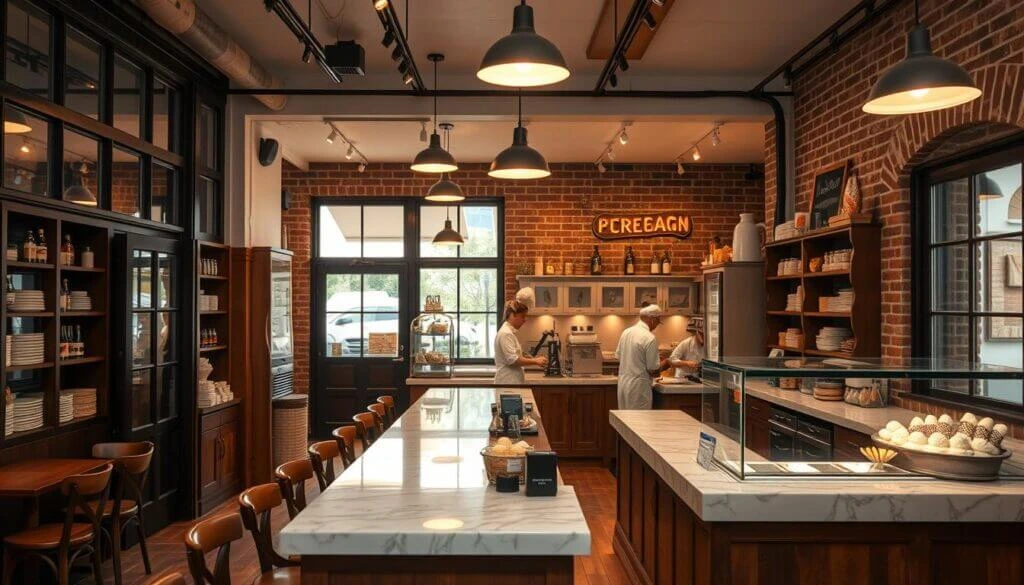 A cozy, modern bakery with brick walls, marble countertops, and warm lighting. Three bakers are working behind the counter, preparing pastries and other baked goods