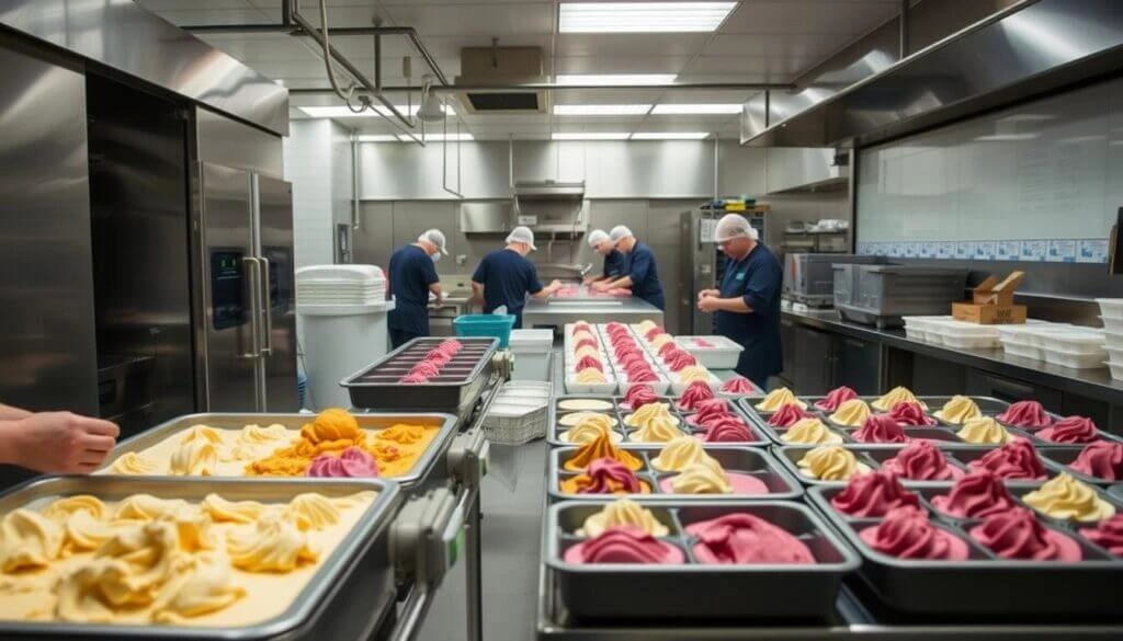 A commercial kitchen with several trays of colorful gelato being prepared by workers in uniform and hairnets.