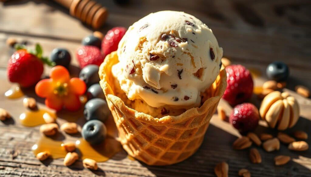 A scoop of vanilla ice cream with chocolate chips in a waffle cup, surrounded by fresh berries, nuts, and honey drizzle on a wooden surface.