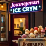 A display of colorful ice cream cones in front of a shop with neon signs.