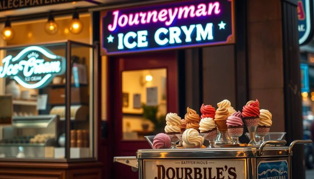 A display of colorful ice cream cones in front of a shop with neon signs.