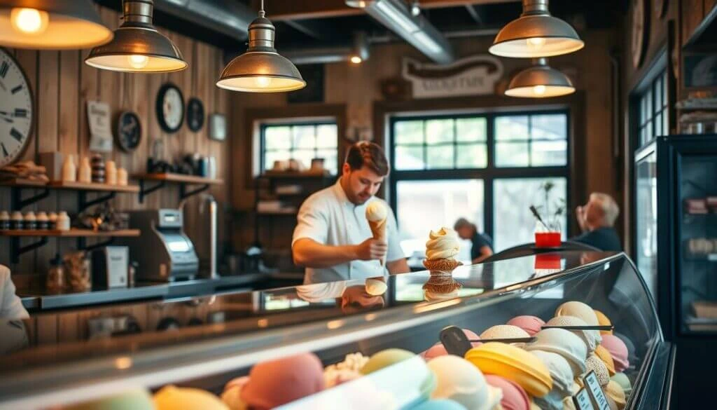 A person serving ice cream in a cozy ice cream shop with a variety of flavors displayed in the foreground.