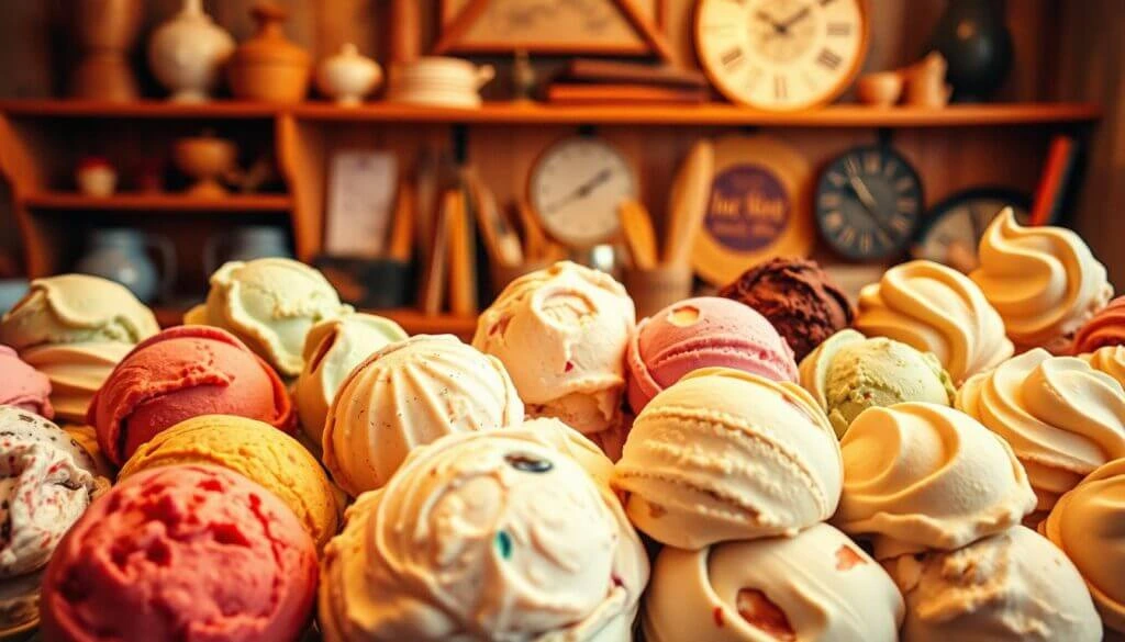 A colorful assortment of ice cream scoops in various flavors, displayed in front of a rustic wooden shelf filled with pottery and clocks.