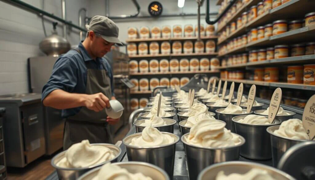 A person in a blue shirt and gray apron is scooping ice cream into a container in an ice cream shop. The shop has numerous metal containers filled with swirled ice cream, each labeled with different flavors. Shelves in the background are stocked with large containers of ice cream ingredients.