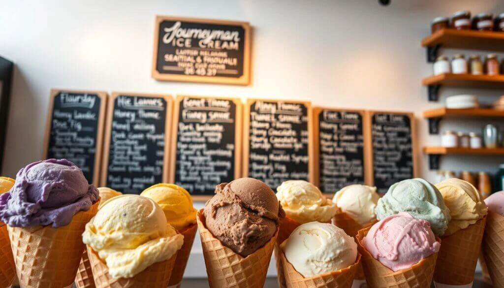 A display of various ice cream cones with different flavors in a shop, with a menu board in the background listing ice cream flavors and other items.