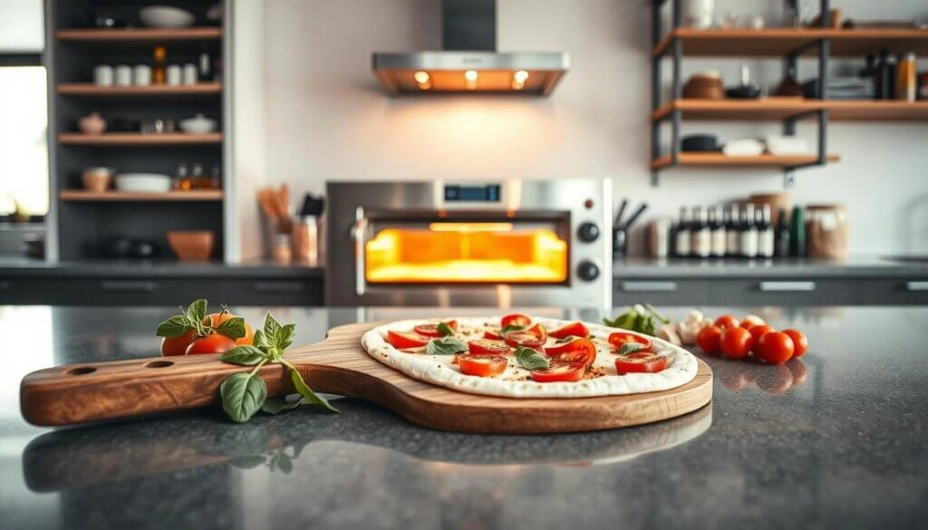 A freshly prepared pizza with tomato slices and basil leaves on a wooden pizza peel, ready to be baked. The background shows a modern kitchen with an oven preheating and shelves stocked with various kitchen items.