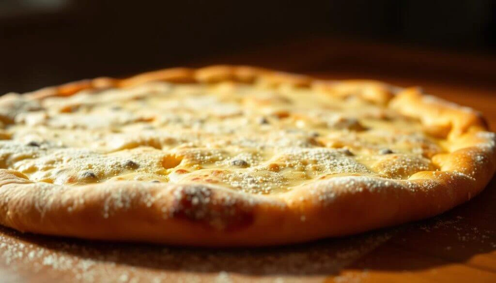 Close-up of a freshly baked cheese pizza with a golden-brown crust, lightly dusted with flour.