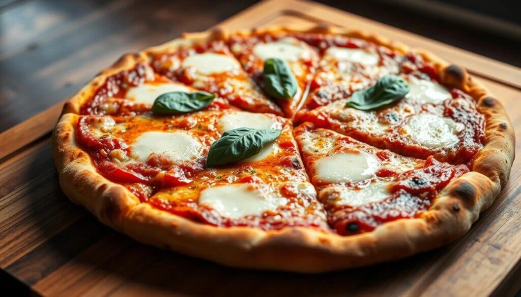 A freshly baked Margherita pizza with a golden-brown crust, topped with melted mozzarella cheese, tomato sauce, and fresh basil leaves, served on a wooden board.