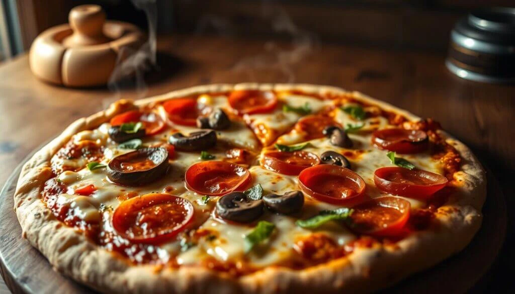 A freshly baked pizza with a golden crust, melted cheese, cherry tomatoes, mushrooms, and fresh basil, served on a wooden board.