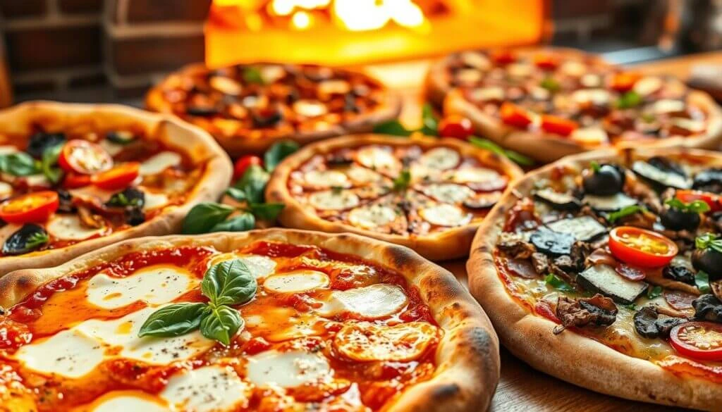 A variety of freshly baked pizzas with different toppings, including mozzarella, cherry tomatoes, olives, and basil, displayed in front of a wood-fired oven.