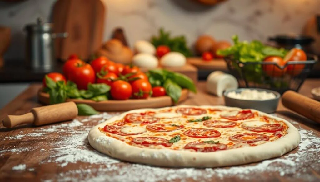 Freshly prepared pizza dough topped with tomato slices, mozzarella cheese, and basil leaves, surrounded by fresh ingredients like tomatoes, basil, and cheese on a wooden kitchen countertop.