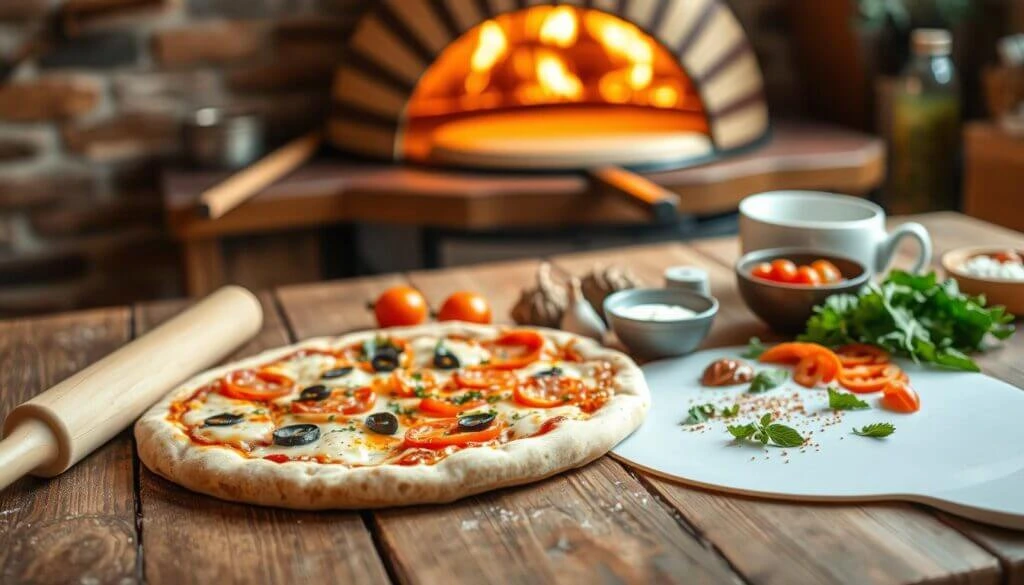 Freshly baked pizza with various toppings on a wooden table, surrounded by ingredients and a rolling pin, with a brick oven in the background.