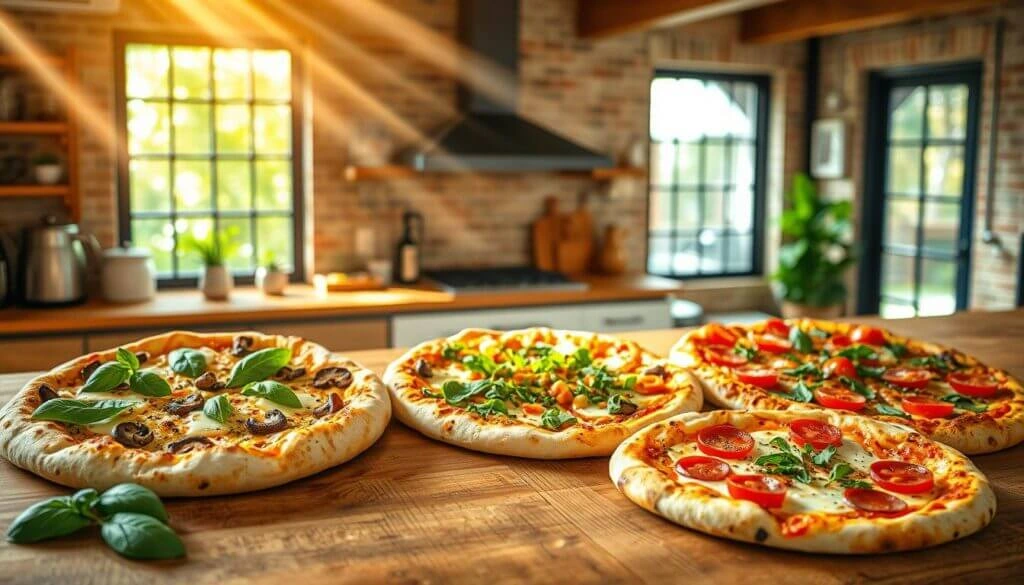 Four freshly baked pizzas with various toppings on a wooden table in a cozy kitchen with sunlight streaming through the windows.