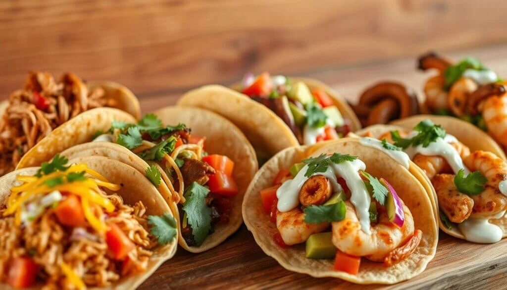 A close-up view of a variety of tacos filled with different ingredients such as shrimp, shredded chicken, vegetables, and garnished with cilantro and sauces.