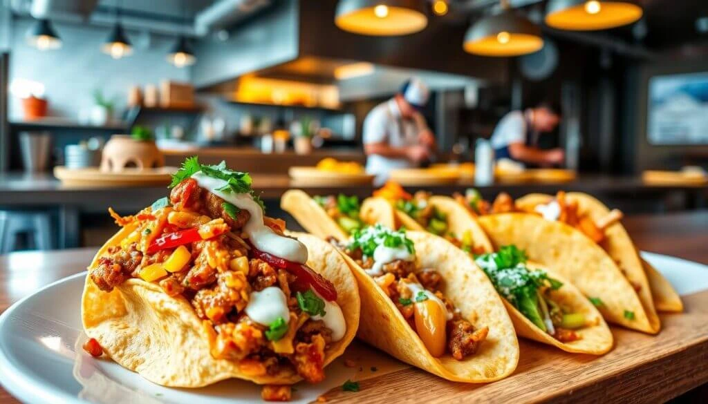 A close-up of a plate of tacos filled with various ingredients, including seasoned meat, diced vegetables, and garnished with cilantro and a drizzle of sauce. The background shows a modern kitchen with chefs preparing food.