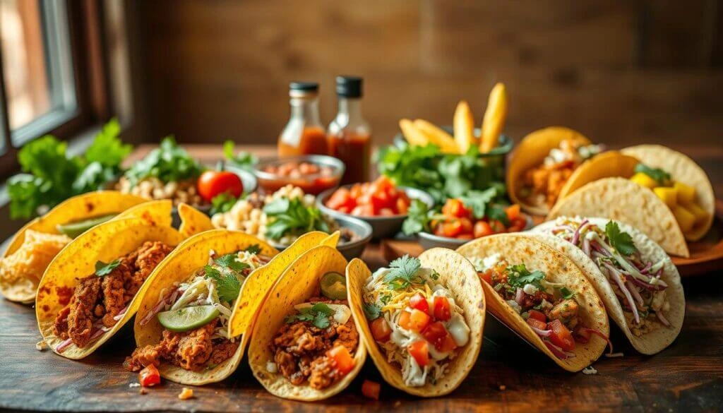 A variety of tacos with different fillings and toppings arranged on a wooden table, accompanied by bowls of salsa, chopped vegetables, and bottles of hot sauce.